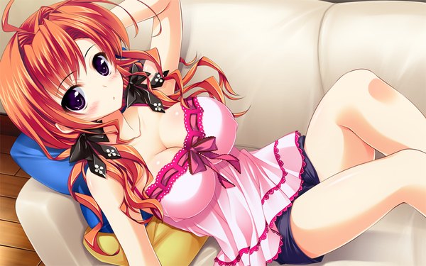 Anime picture 1024x640 with ore no kanojo no uraomote amahara miyabi long hair blush breasts light erotic wide image large breasts purple eyes game cg cleavage ahoge red hair lying girl bow hair bow shorts