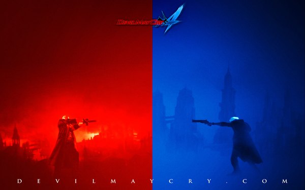 Anime picture 1920x1200 with devil may cry dante (devil may cry) nero (devil may cry) highres wide image white hair red background boy weapon gun cloak