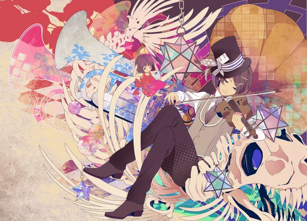 Anime picture 2011x1447 with nico nico singer soraru highres short hair brown hair sitting crossed legs skeleton bone (bones) music boy hair ornament hat hairclip musical instrument doll (dolls) violin