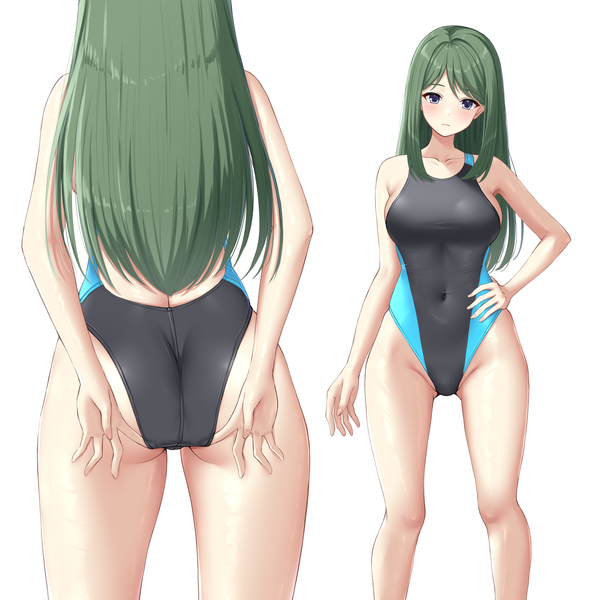 Anime picture 2500x2500 with kimi ga ita kisetsu kazama touko ncontrail (mgax7527) long hair looking at viewer blush fringe highres breasts blue eyes light erotic simple background large breasts standing ass head tilt green hair hand on hip covered navel ass visible through thighs