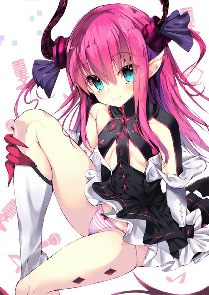 Anime picture 700x988 with fate (series) fate/extra fate/extra ccc elizabeth bathory (fate) (all) elizabeth bathory (fate) noto kurumi single long hair tall image looking at viewer blush fringe light erotic smile hair between eyes white background sitting twintails pink hair bent knee (knees)
