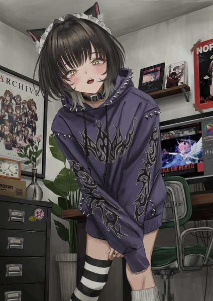 Anime picture 2960x4186 with original nadegata single tall image looking at viewer blush highres short hair open mouth black hair animal ears yellow eyes indoors long sleeves nail polish leaning leaning forward sleeves past wrists striped asymmetrical legwear