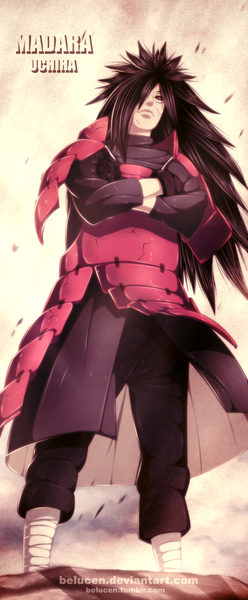 Anime picture 508x1226 with naruto studio pierrot naruto (series) uchiha madara belucen single long hair tall image fringe black hair red eyes hair over one eye inscription from below coloring crossed arms sharingan boy gloves armor
