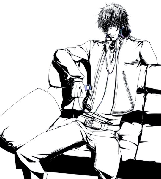 Anime picture 1194x1322 with ipod nico nico douga yon maruji single tall image looking at viewer fringe short hair simple background white background sitting hair over one eye monochrome boy jacket headphones couch che: sakurai