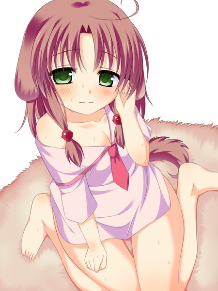 Anime picture 750x1000 with original asa no ha single tall image looking at viewer blush short hair brown hair green eyes animal ears tail animal tail barefoot bare legs girl hair ornament hair tie hair bobbles