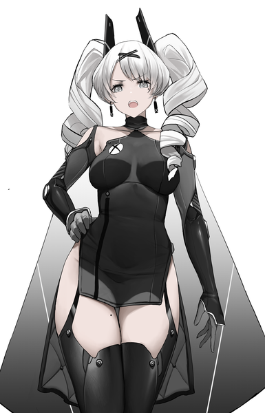 Anime picture 2550x3967 with original xbox series x xbox series x (personification) dishwasher1910 single long hair tall image looking at viewer fringe highres open mouth simple background standing white background twintails silver hair mole grey eyes hand on hip mole under eye