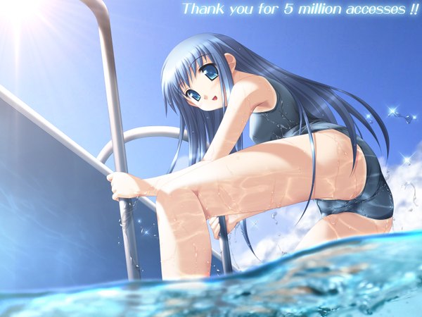 Anime picture 1600x1200 with alto kagami shouko iwasaki kouji single looking at viewer blush fringe open mouth blue eyes light erotic blue hair game cg sky cloud (clouds) sunlight inscription skin tight girl swimsuit water