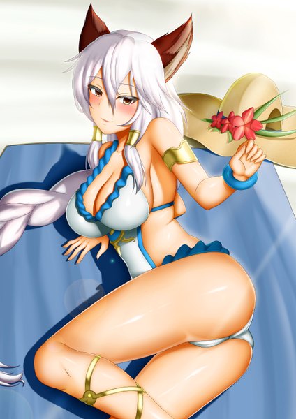 Anime picture 2200x3116 with granblue fantasy heles heles (summer) (granblue fantasy) abukobato single tall image looking at viewer blush fringe highres breasts light erotic smile hair between eyes large breasts bare shoulders brown eyes animal ears cleavage silver hair