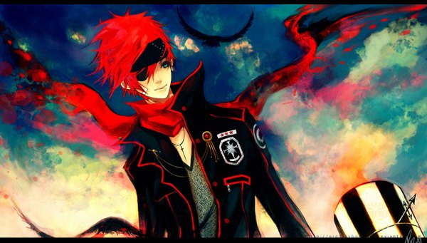 Anime picture 1400x796 with d.gray-man lavi prodigybombay single short hair wide image cloud (clouds) red hair light smile boy animal choker jacket scarf bird (birds) eyepatch bandana red scarf