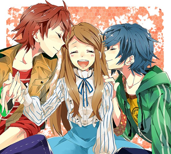 Anime picture 1181x1062 with mawaru penguindrum takakura himari takakura kanba takakura shouma wonoco0916 long hair short hair open mouth smile brown hair blue hair eyes closed profile multiple boys holding hands kiss cheek kiss double cheek kiss girl dress