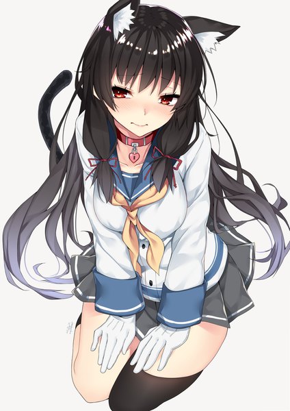 Anime picture 1447x2046 with kantai collection isokaze destroyer nebusoku long hair tall image looking at viewer blush fringe black hair simple background red eyes white background sitting signed animal ears tail animal tail pleated skirt from above cat ears