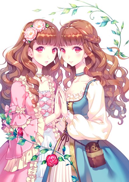 Anime picture 900x1273 with original nishimura eri long hair tall image looking at viewer blush fringe simple background standing multiple girls pink eyes hair flower light smile lips embarrassed lipstick holding hands drill hair pink lipstick twins