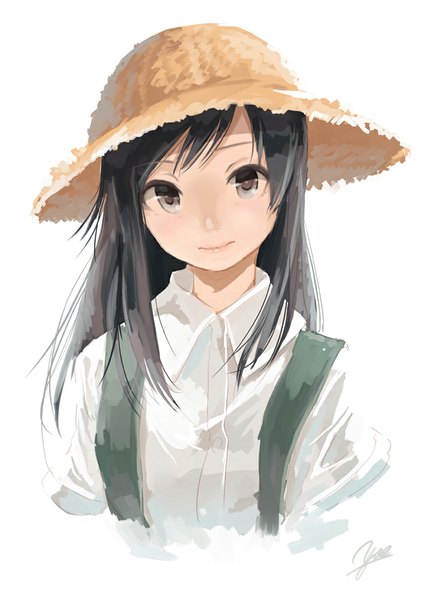 Anime picture 707x1000 with kantai collection asashio destroyer yae (mono110) single long hair tall image looking at viewer fringe black hair simple background smile white background black eyes close-up girl hat shirt white shirt straw hat