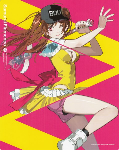 Anime picture 1580x1988 with samurai flamenco maya mari kurahana chinatsu single long hair tall image brown hair twintails holding cleavage one eye closed pink eyes light smile wink pink background yellow background dress weapon shorts staff