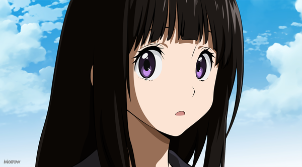 Anime picture 2200x1223 with hyouka kyoto animation chitanda eru morrow single long hair fringe highres open mouth black hair wide image purple eyes sky cloud (clouds) blunt bangs girl