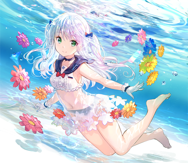 Anime picture 1275x1110 with original fuzichoco single long hair looking at viewer blush fringe smile green eyes silver hair full body barefoot bare legs two side up dutch angle underwater sailor collar girl flower (flowers) bow