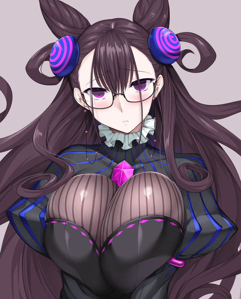 Anime picture 1150x1425 with fate (series) fate/grand order murasaki shikibu (fate) nakano sora single long hair tall image looking at viewer blush fringe breasts light erotic black hair simple background hair between eyes large breasts purple eyes upper body hair bun (hair buns) two side up