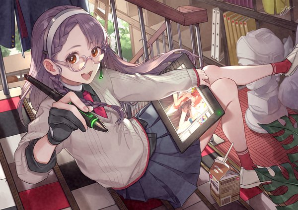 Anime picture 1586x1121 with original cherico single long hair looking at viewer fringe open mouth smile holding brown eyes purple hair bent knee (knees) indoors braid (braids) long sleeves :d sleeves past wrists girl skirt gloves