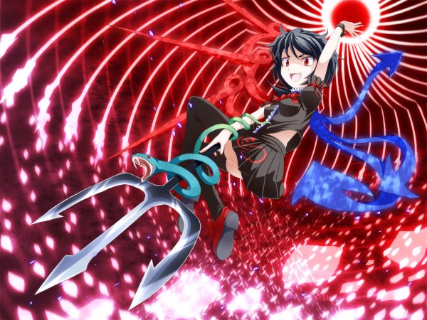 Anime picture 1200x900 with touhou houjuu nue tri (pixiv) short hair open mouth black hair red eyes magic girl thighhighs skirt weapon black thighhighs miniskirt wings trident directional arrow