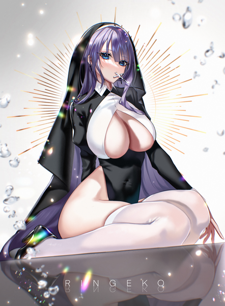 Anime picture 3028x4108 with original yuna (biya (1024)) ringeko-chan single tall image looking at viewer blush fringe highres breasts blue eyes light erotic hair between eyes large breasts sitting holding signed absurdres purple hair very long hair