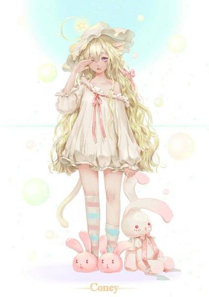 Anime picture 600x849 with original coney single long hair tall image looking at viewer blush fringe standing purple eyes signed animal ears tail animal tail cat ears off shoulder cat tail wavy hair sleepy girl