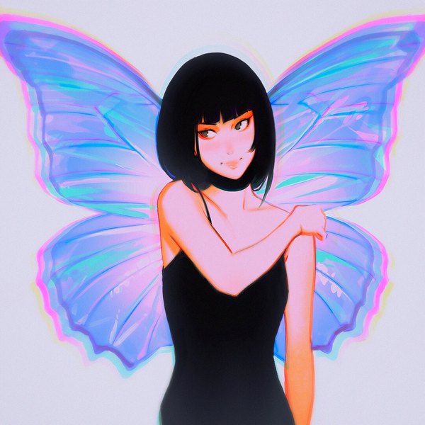 Anime picture 1080x1080 with original ilya kuvshinov single fringe short hair black hair bare shoulders green eyes looking away upper body blunt bangs light smile lips purple background insect wings butterfly wings fake wings girl wings camisole