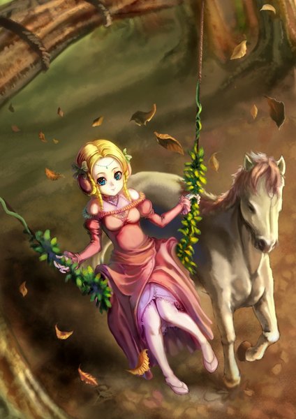 Anime picture 1240x1754 with original st.microscope tall image looking at viewer short hair blue eyes blonde hair girl dress plant (plants) animal tree (trees) leaf (leaves) horse swing