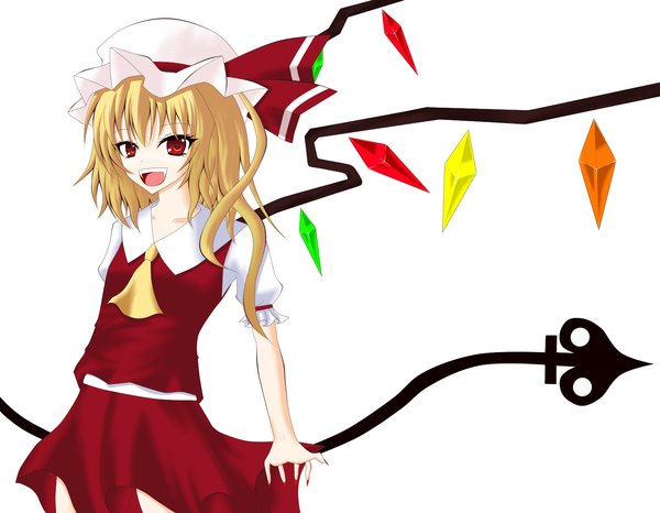 Anime picture 1600x1244 with touhou flandre scarlet gmot short hair open mouth simple background blonde hair red eyes white background girl dress skirt weapon wings bonnet skirt set crystal laevatein (touhou)