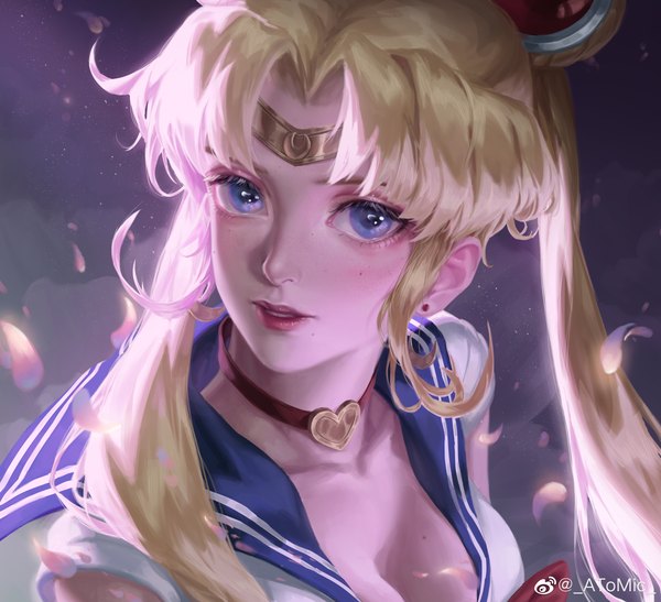 Anime picture 3715x3384 with bishoujo senshi sailor moon toei animation tsukino usagi sailor moon atomicxx single long hair looking at viewer fringe highres blue eyes light erotic blonde hair twintails signed absurdres cleavage upper body parted lips lips