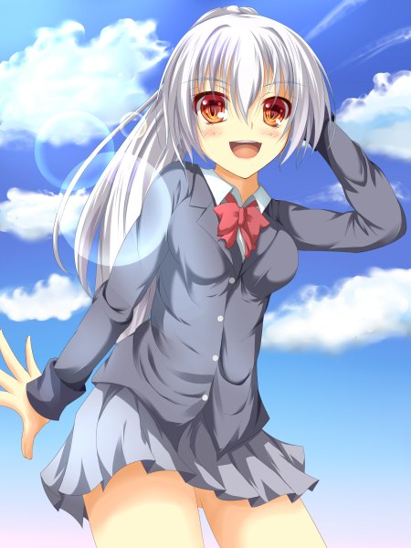 Anime picture 1800x2400 with original nakadadaichi single long hair tall image looking at viewer blush highres open mouth sky cloud (clouds) white hair ponytail orange eyes girl skirt uniform school uniform