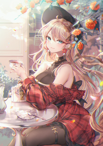 Anime picture 740x1047 with azur lane howe (azur lane) howe (noble rouge) (azur lane) ozzingo single long hair tall image looking at viewer blush fringe breasts blonde hair hair between eyes large breasts sitting bare shoulders holding ahoge outdoors braid (braids)