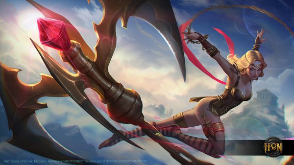 Anime picture 1920x1080 with heroes of newerth minerva silhouette mickyoko (mictones) single long hair looking at viewer highres wide image signed sky cleavage cloud (clouds) full body bent knee (knees) parted lips aqua eyes inscription armpit (armpits) wallpaper copyright name