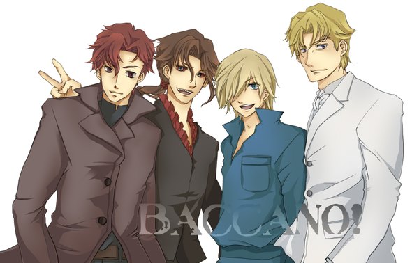 Anime picture 1900x1200 with baccano! claire stanfield graham spector ladd russo christopher shouldered aku (pixiv11678486) long hair fringe highres short hair open mouth blue eyes simple background blonde hair smile red eyes brown hair white background ponytail red hair