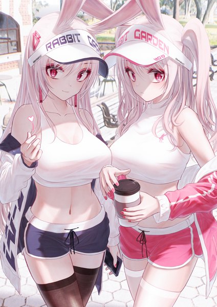Anime picture 2894x4093 with tsumi no hahen (debris) line (bae.c) liza (bae.c) bae.c long hair tall image looking at viewer blush fringe highres breasts hair between eyes red eyes large breasts standing multiple girls holding animal ears pink hair outdoors