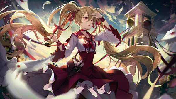 Anime picture 1423x800 with original yohaku single fringe open mouth blonde hair smile hair between eyes red eyes wide image twintails looking away sky cloud (clouds) very long hair wind wide sleeves fang (fangs) lens flare evening