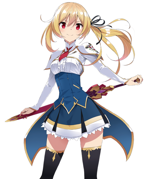 Anime picture 1600x1935 with saijaku muhai no bahamut lisesharte atismata kasuga ayumu (haruhipo) single long hair tall image looking at viewer blush blonde hair red eyes standing holding absurdres light smile floating hair side ponytail transparent background girl thighhighs dress