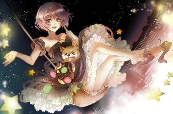 Anime picture 1500x990 with original rahwia short hair pink hair sky night dress food sweets star (symbol) star (stars) sandals dog cookie (cookies) swing macaron