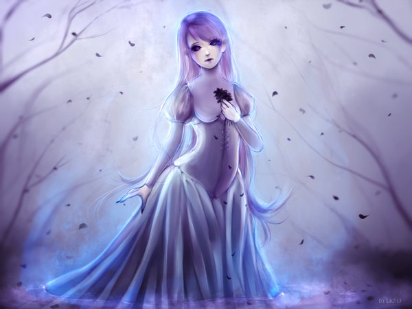 Anime picture 1024x768 with original lio sun (artist) single long hair looking at viewer blue eyes purple eyes holding purple hair very long hair glowing gloom girl dress plant (plants) petals tree (trees) branch