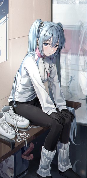 Anime picture 1394x2835 with vocaloid hatsune miku ekina (1217) single long hair tall image looking at viewer fringe hair between eyes sitting twintails payot full body indoors aqua eyes aqua hair reflection hand on knee girl gloves