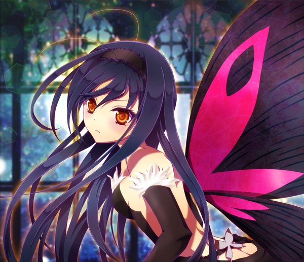 Anime picture 1140x984 with accel world sunrise (studio) kuroyukihime long hair blush black hair red eyes insect wings butterfly wings girl dress gloves elbow gloves headdress