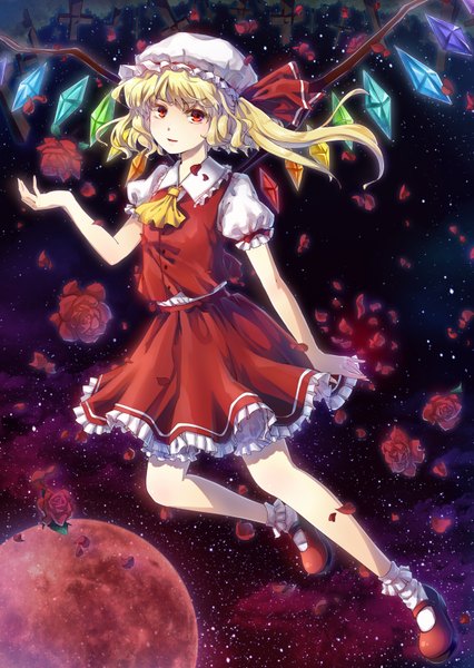 Anime picture 1200x1688 with touhou flandre scarlet pollia single tall image looking at viewer short hair open mouth blonde hair red eyes ponytail light smile side ponytail girl skirt flower (flowers) petals wings socks rose (roses)