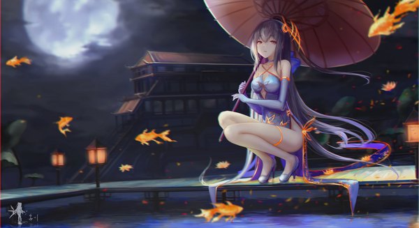 Anime picture 1981x1080 with original wangchuan de quanyan single long hair looking at viewer fringe highres breasts light erotic black hair hair between eyes wide image bare shoulders brown eyes signed cloud (clouds) full body outdoors traditional clothes wind