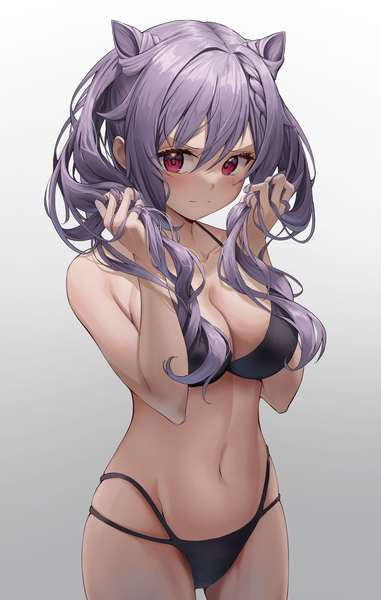 Anime picture 1963x3094 with genshin impact keqing (genshin impact) monmo mu single long hair tall image looking at viewer blush fringe highres breasts light erotic simple background hair between eyes large breasts standing twintails payot purple hair pink eyes