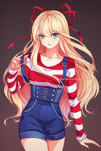 Anime picture 600x900 with original ifabulicious (original) zenithomocha single tall image looking at viewer blush fringe blue eyes simple background blonde hair standing long sleeves very long hair striped brown background denim borrowed character girl hair ornament