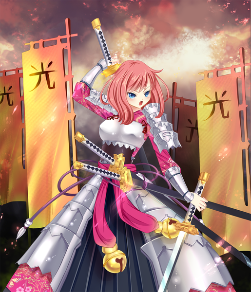 Anime picture 1030x1200 with original aurora rokudo single tall image blush short hair open mouth blue eyes pink hair girl weapon sword armor katana bell jingle bell armored dress