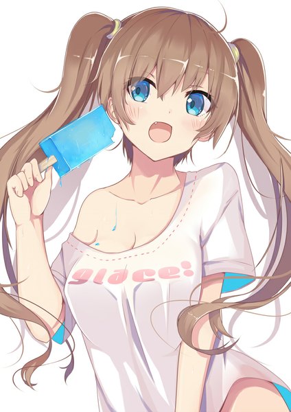 Anime picture 706x1000 with original kogareji ni single long hair tall image looking at viewer blush fringe open mouth blue eyes light erotic simple background white background twintails bare shoulders holding ahoge teeth fang (fangs) clothes writing