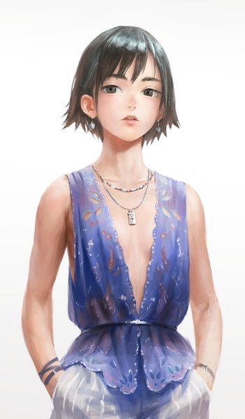 Anime picture 1126x1920 with original arata yokoyama single tall image fringe short hair open mouth black hair simple background standing white background looking away lips black eyes hands in pockets girl earrings bracelet pendant