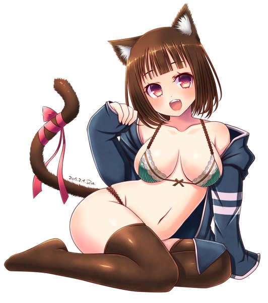 Anime picture 1308x1474 with original miyamae porin single tall image blush fringe breasts open mouth light erotic simple background red eyes large breasts white background sitting bare shoulders animal ears looking away bent knee (knees) tail animal tail