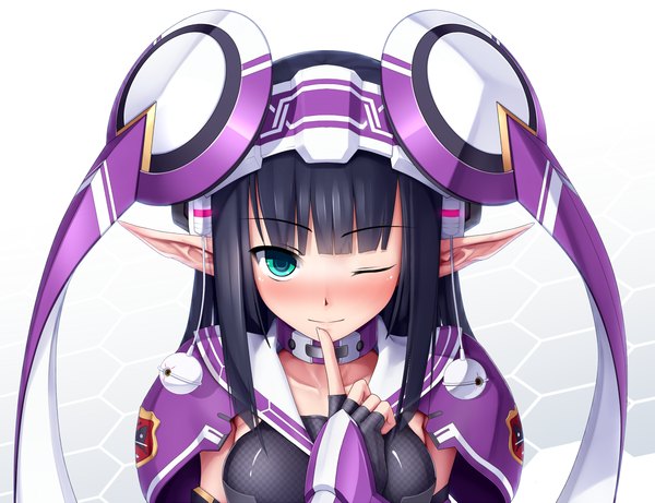 Anime picture 1300x1000 with phantasy star phantasy star online 2 sega eto single long hair looking at viewer fringe black hair green eyes one eye closed pointy ears finger to mouth girl gloves black gloves elbow gloves fingerless gloves wire (wires)