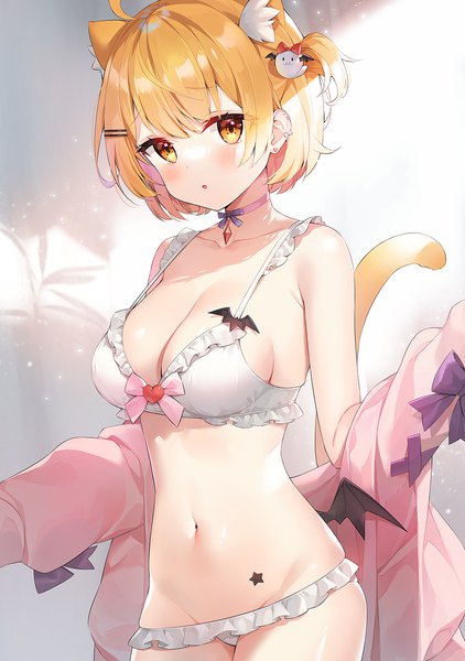 Anime picture 1000x1422 with virtual youtuber hololive yozora mel ayami (annahibi) single tall image looking at viewer blush fringe short hair breasts open mouth light erotic blonde hair large breasts standing animal ears yellow eyes payot cleavage